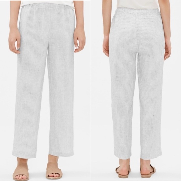 Eileen Fisher Crinkle Striped Organic Linen Wide Leg Pull-on Cropped Pants Large - Picture 1 of 12